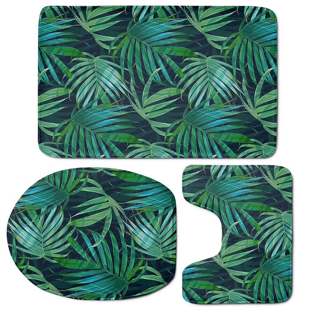 Dark Tropical Palm Leaves Pattern Print 3 Piece Bath Mat Set