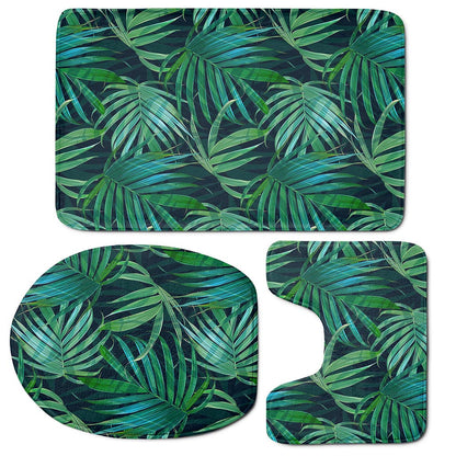 Dark Tropical Palm Leaves Pattern Print 3 Piece Bath Mat Set
