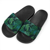 Dark Tropical Palm Leaves Pattern Print Black Slide Sandals