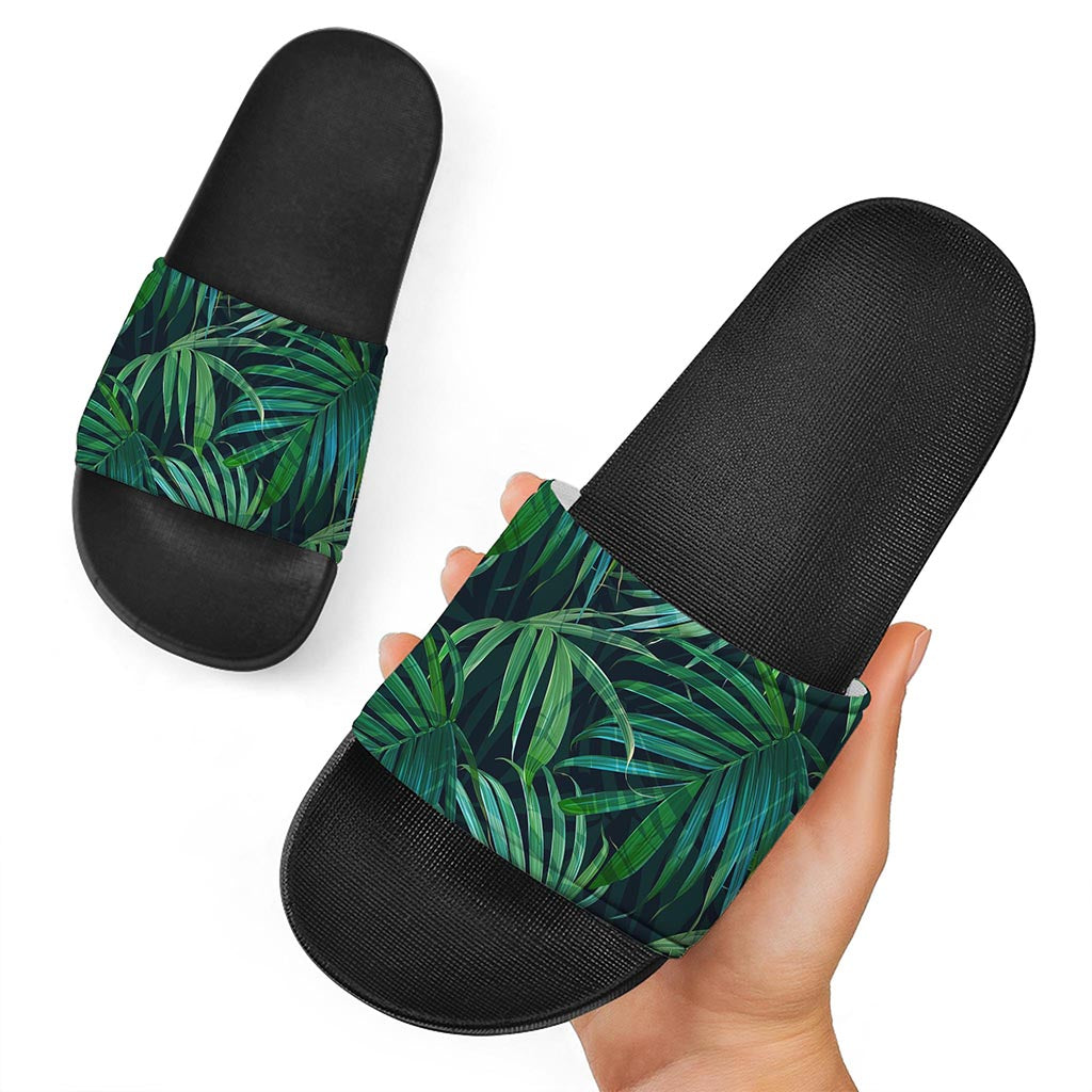 Dark Tropical Palm Leaves Pattern Print Black Slide Sandals