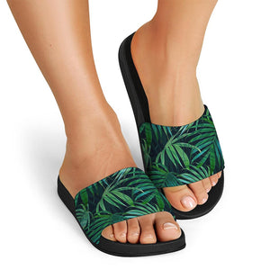 Dark Tropical Palm Leaves Pattern Print Black Slide Sandals