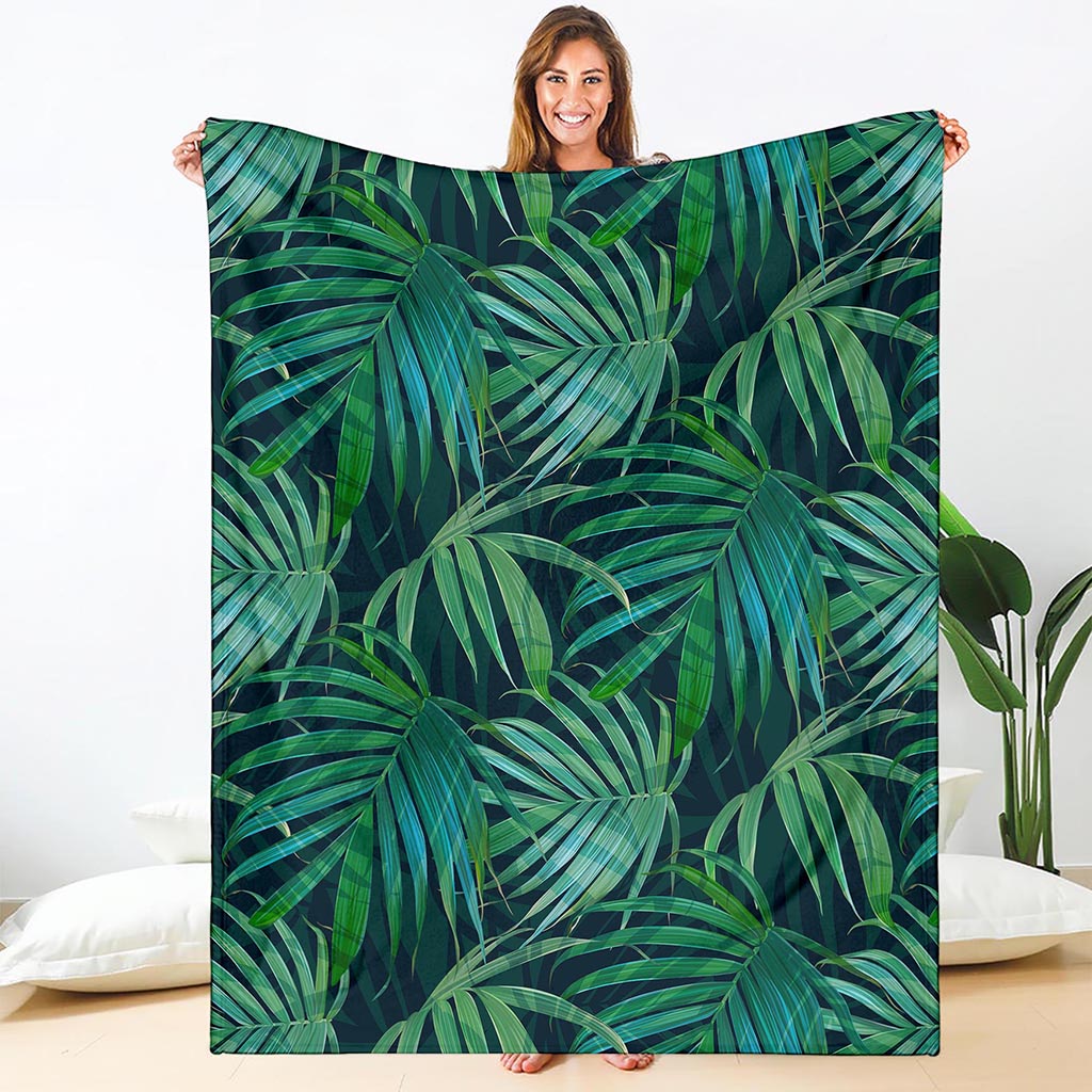 Dark Tropical Palm Leaves Pattern Print Blanket