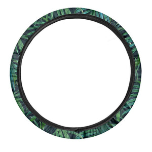 Dark Tropical Palm Leaves Pattern Print Car Steering Wheel Cover