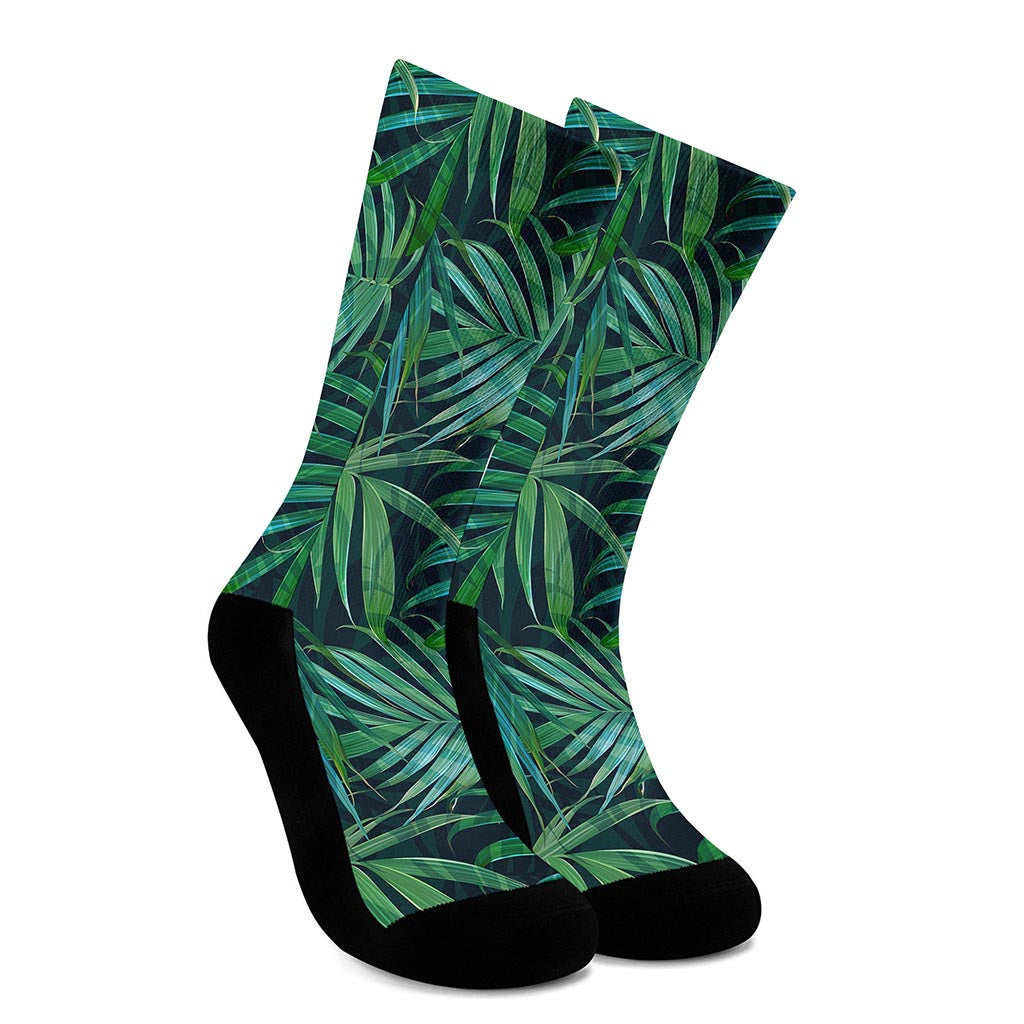 Dark Tropical Palm Leaves Pattern Print Crew Socks