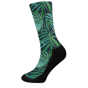 Dark Tropical Palm Leaves Pattern Print Crew Socks