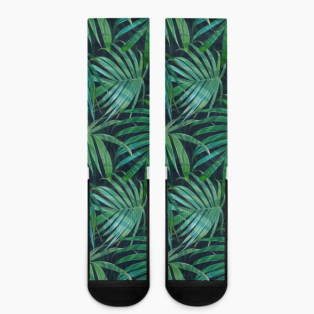 Dark Tropical Palm Leaves Pattern Print Crew Socks