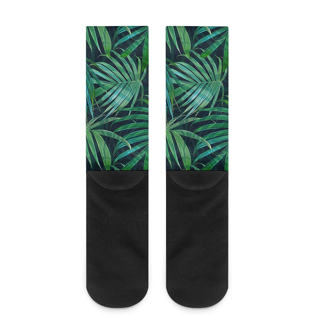 Dark Tropical Palm Leaves Pattern Print Crew Socks