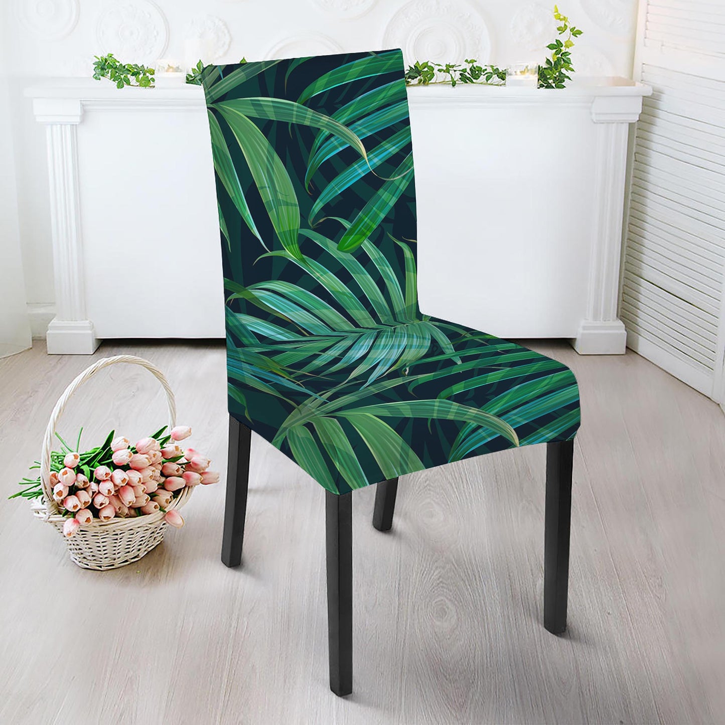 Dark Tropical Palm Leaves Pattern Print Dining Chair Slipcover