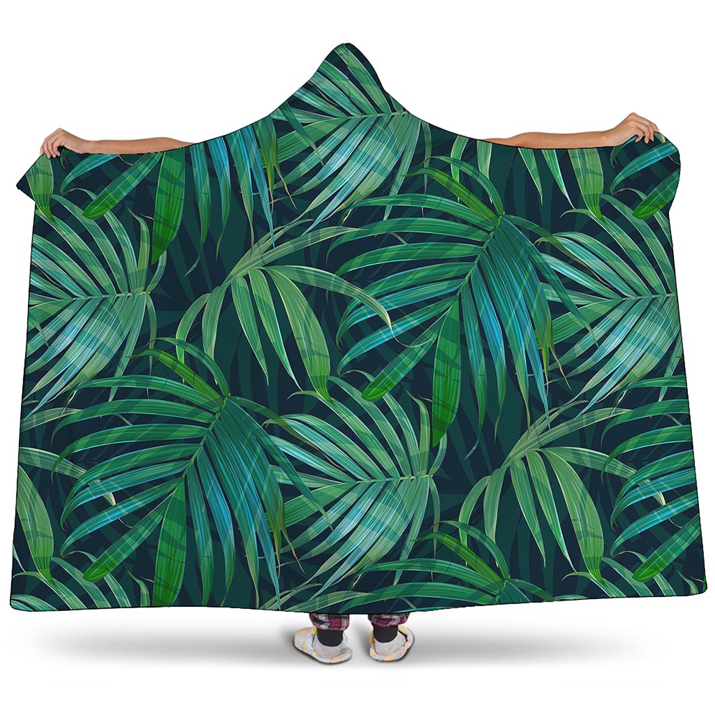 Dark Tropical Palm Leaves Pattern Print Hooded Blanket