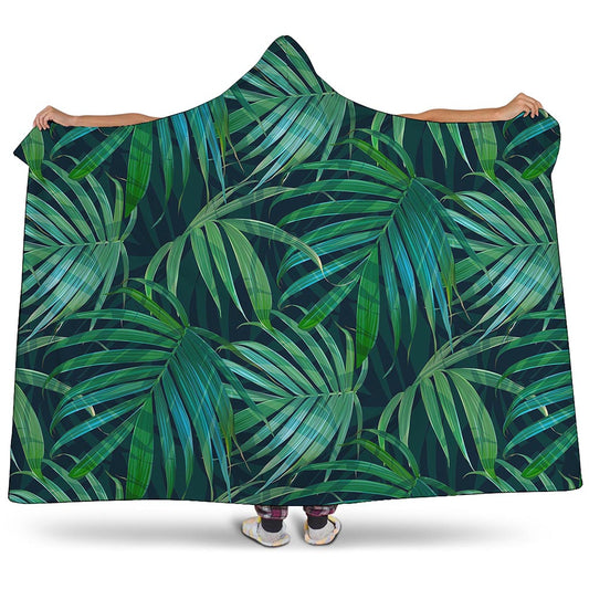 Dark Tropical Palm Leaves Pattern Print Hooded Blanket