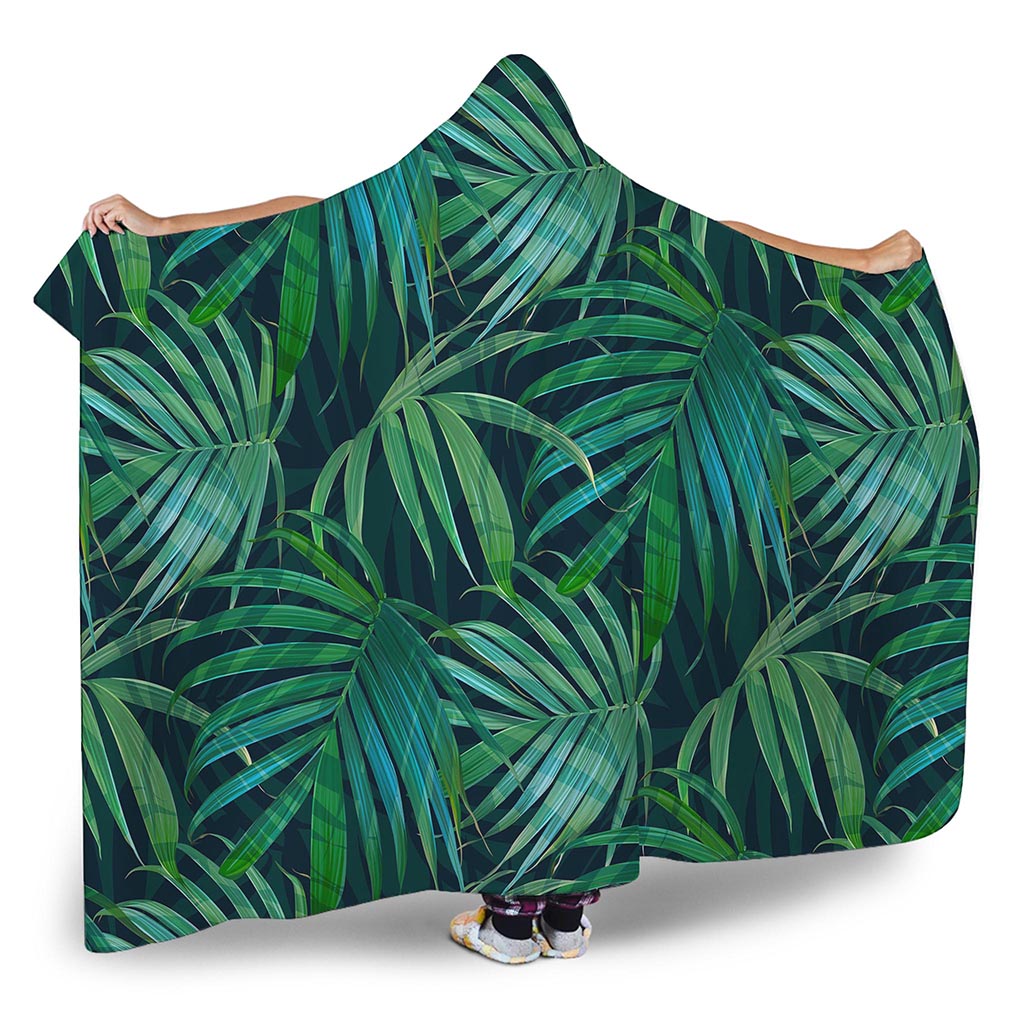 Dark Tropical Palm Leaves Pattern Print Hooded Blanket