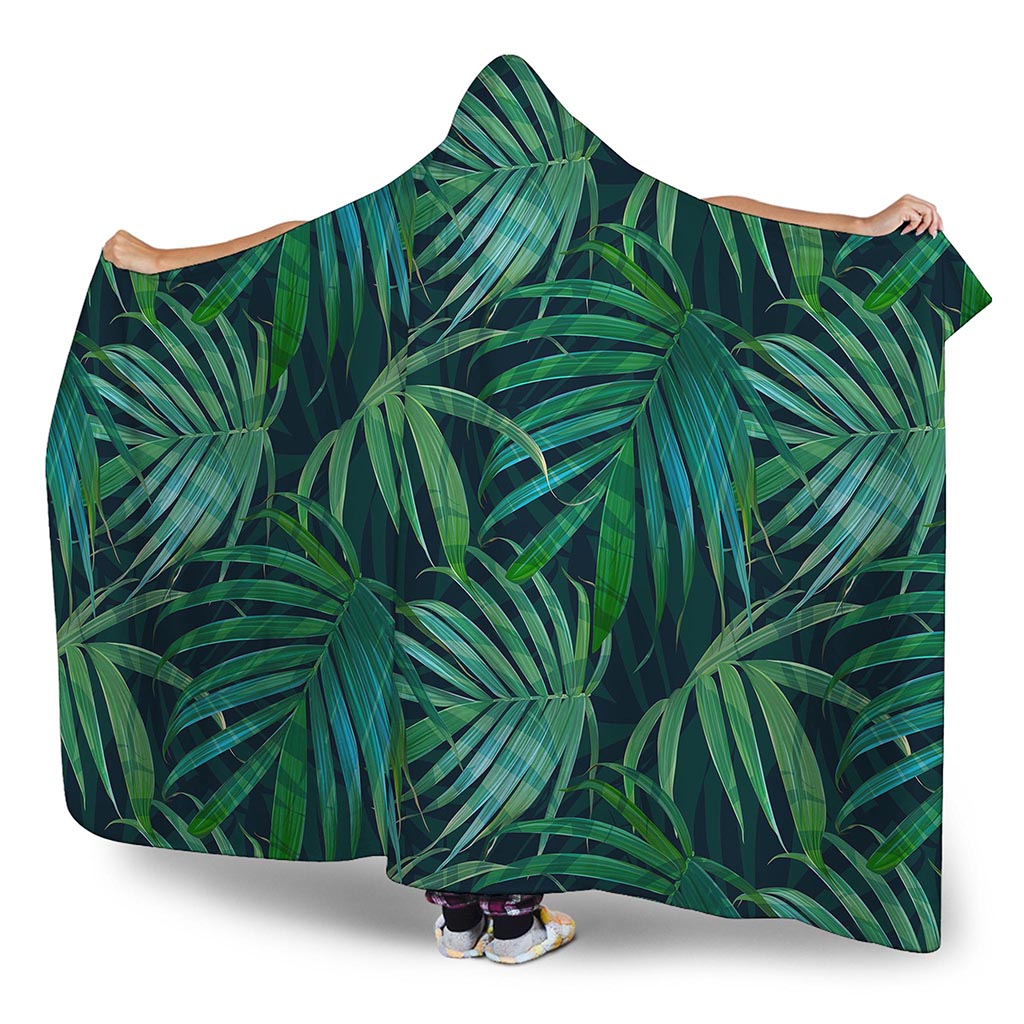 Dark Tropical Palm Leaves Pattern Print Hooded Blanket
