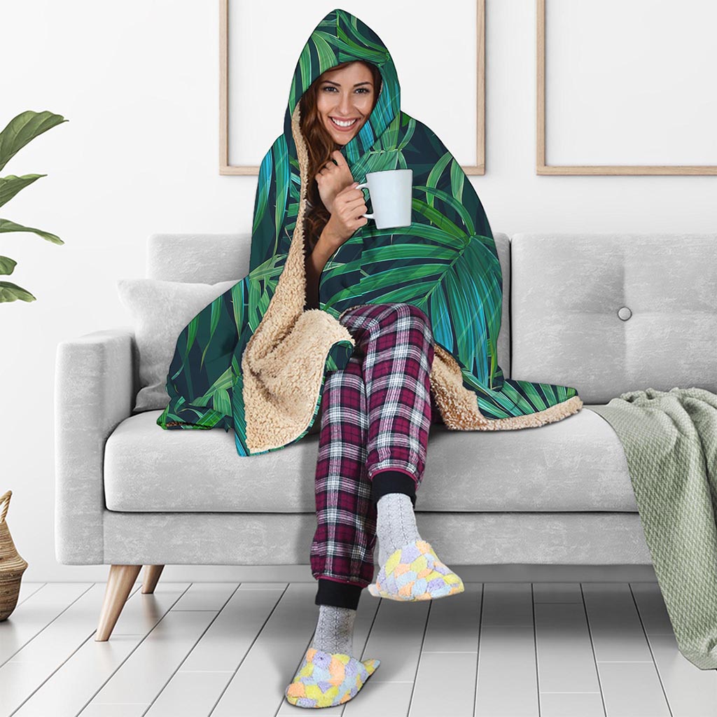 Dark Tropical Palm Leaves Pattern Print Hooded Blanket