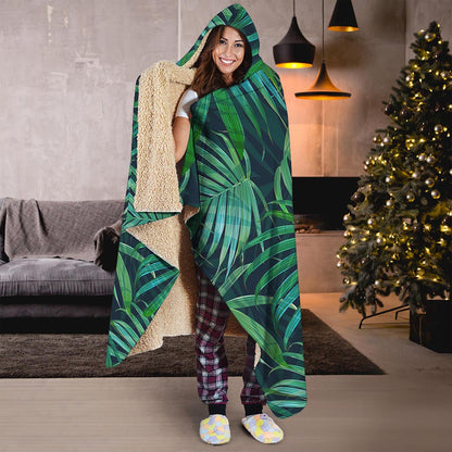 Dark Tropical Palm Leaves Pattern Print Hooded Blanket