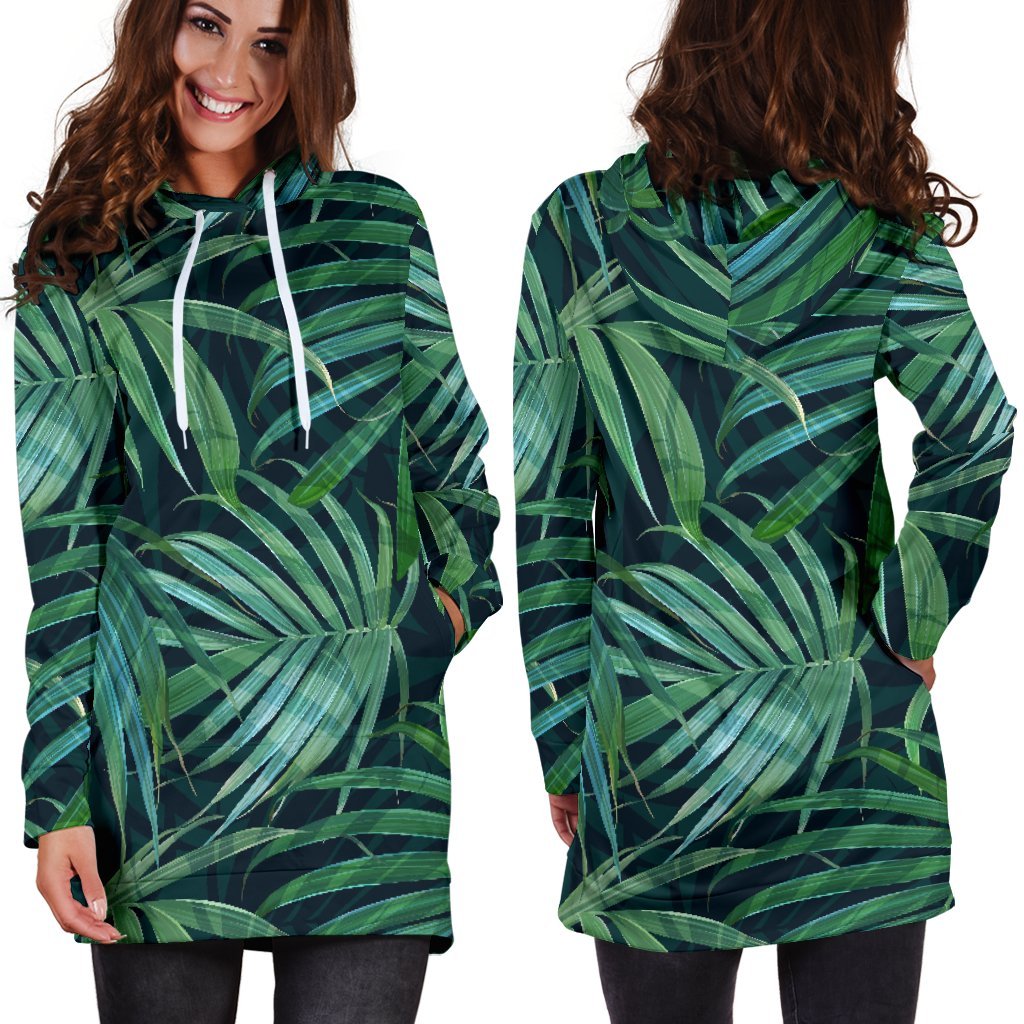 Dark Tropical Palm Leaves Pattern Print Hoodie Dress GearFrost