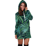 Dark Tropical Palm Leaves Pattern Print Hoodie Dress GearFrost