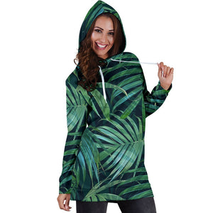 Dark Tropical Palm Leaves Pattern Print Hoodie Dress GearFrost