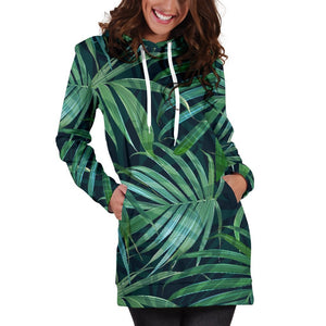 Dark Tropical Palm Leaves Pattern Print Hoodie Dress GearFrost