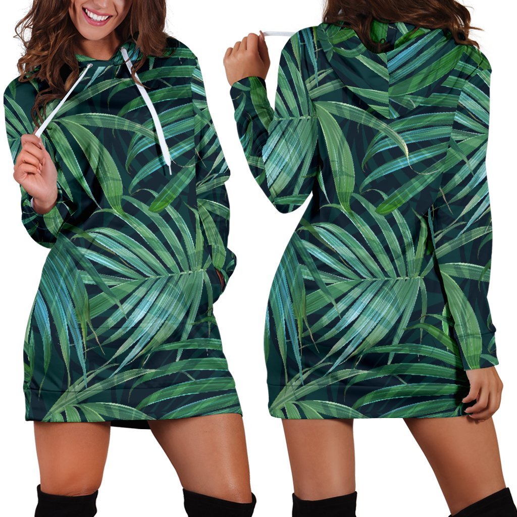 Dark Tropical Palm Leaves Pattern Print Hoodie Dress GearFrost