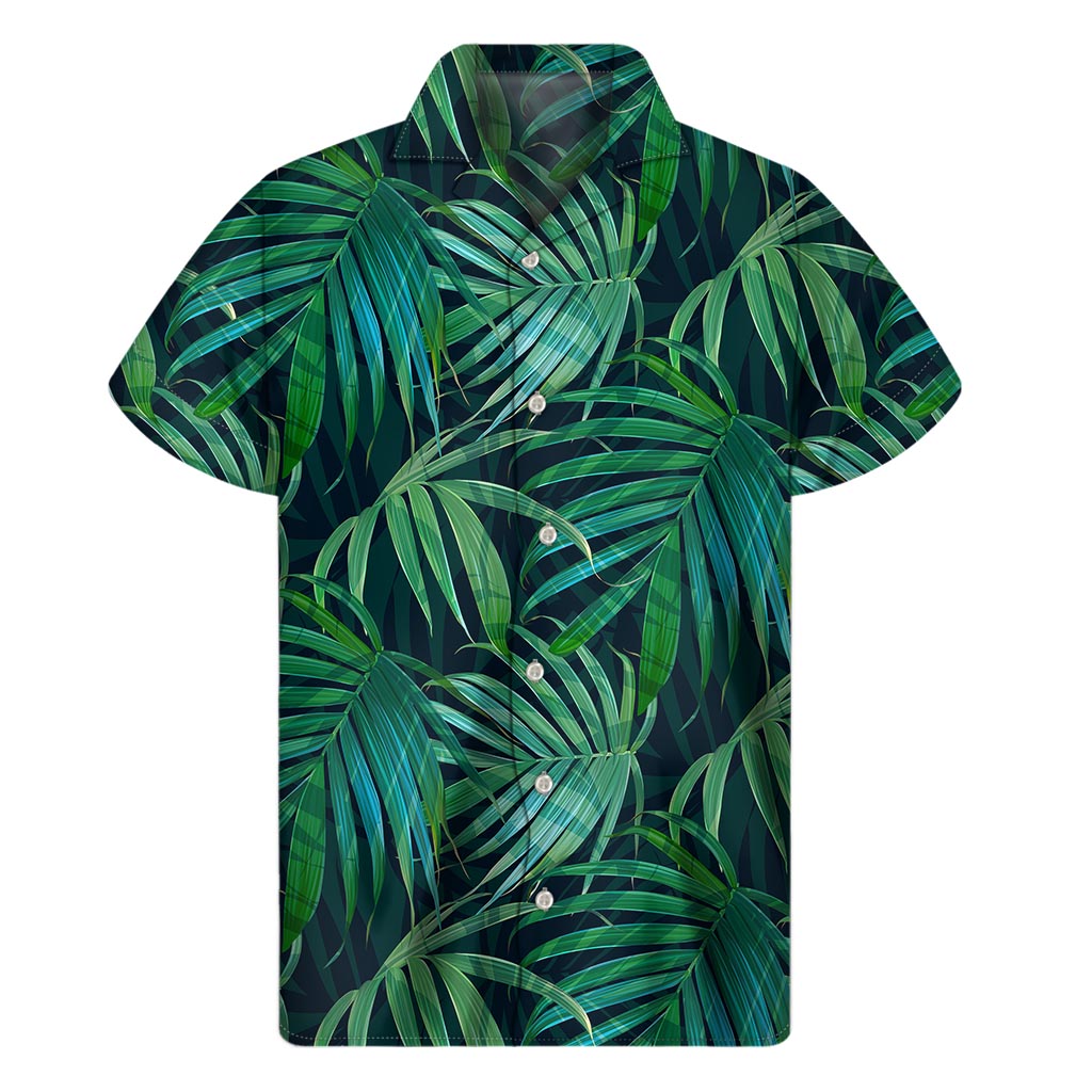 Dark Tropical Palm Leaves Pattern Print Men's Short Sleeve Shirt