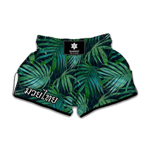 Dark Tropical Palm Leaves Pattern Print Muay Thai Boxing Shorts