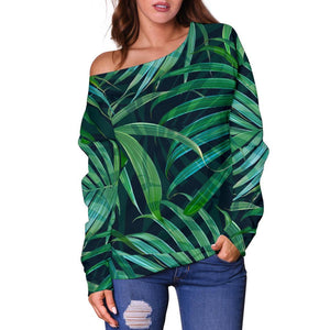 Dark Tropical Palm Leaves Pattern Print Off Shoulder Sweatshirt GearFrost