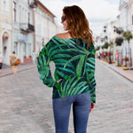 Dark Tropical Palm Leaves Pattern Print Off Shoulder Sweatshirt GearFrost