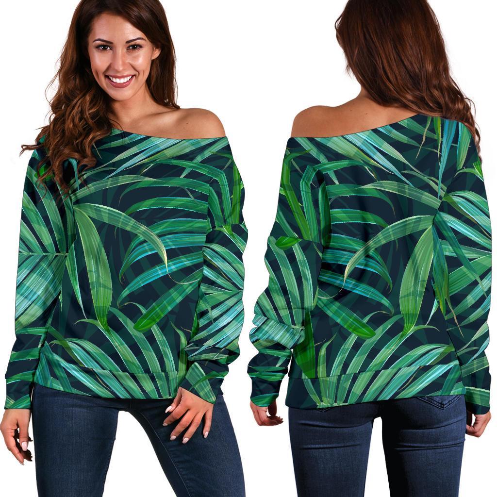 Dark Tropical Palm Leaves Pattern Print Off Shoulder Sweatshirt GearFrost