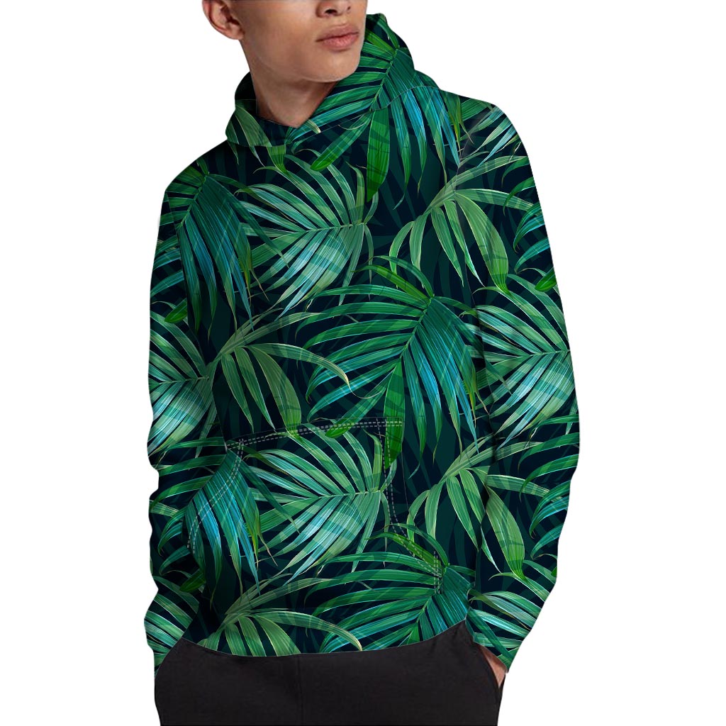 Dark Tropical Palm Leaves Pattern Print Pullover Hoodie