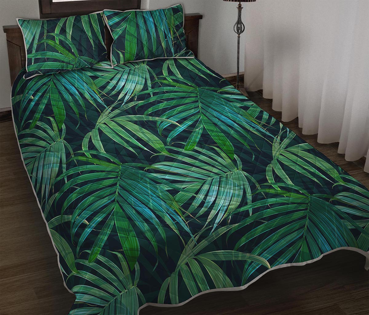 Dark Tropical Palm Leaves Pattern Print Quilt Bed Set