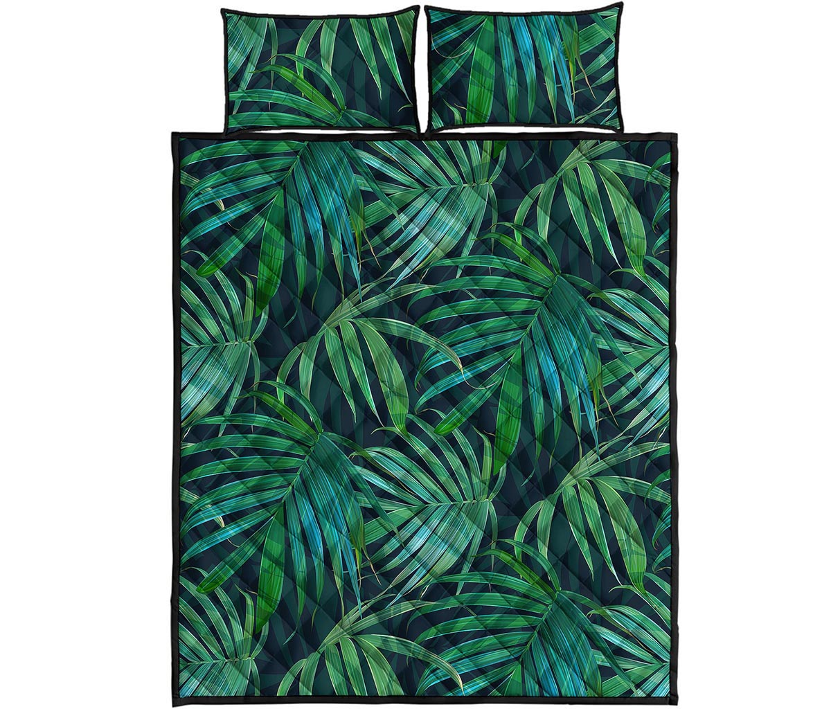 Dark Tropical Palm Leaves Pattern Print Quilt Bed Set