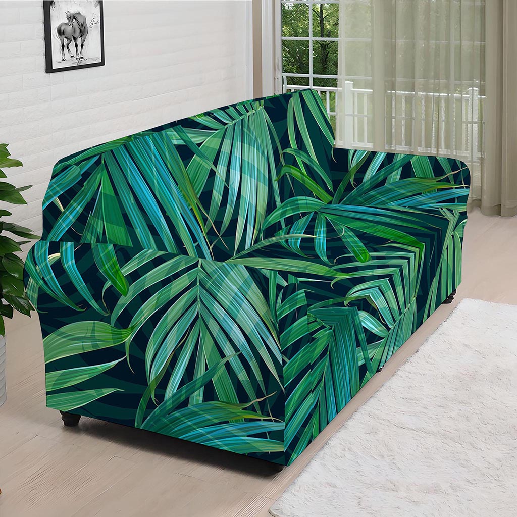 Dark Tropical Palm Leaves Pattern Print Sofa Cover