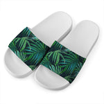 Dark Tropical Palm Leaves Pattern Print White Slide Sandals