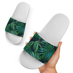Dark Tropical Palm Leaves Pattern Print White Slide Sandals