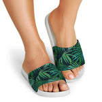 Dark Tropical Palm Leaves Pattern Print White Slide Sandals