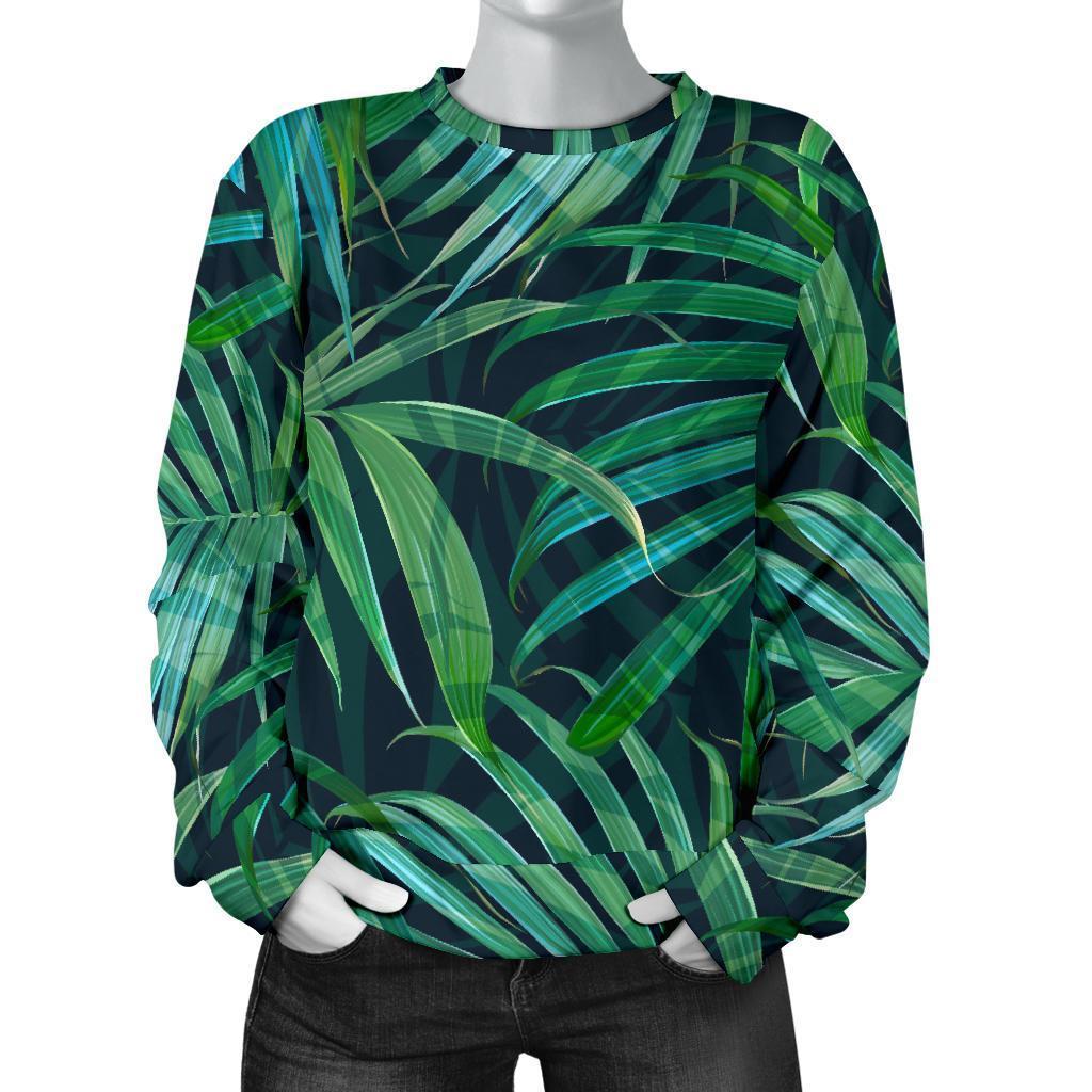 Dark Tropical Palm Leaves Pattern Print Women's Crewneck Sweatshirt GearFrost