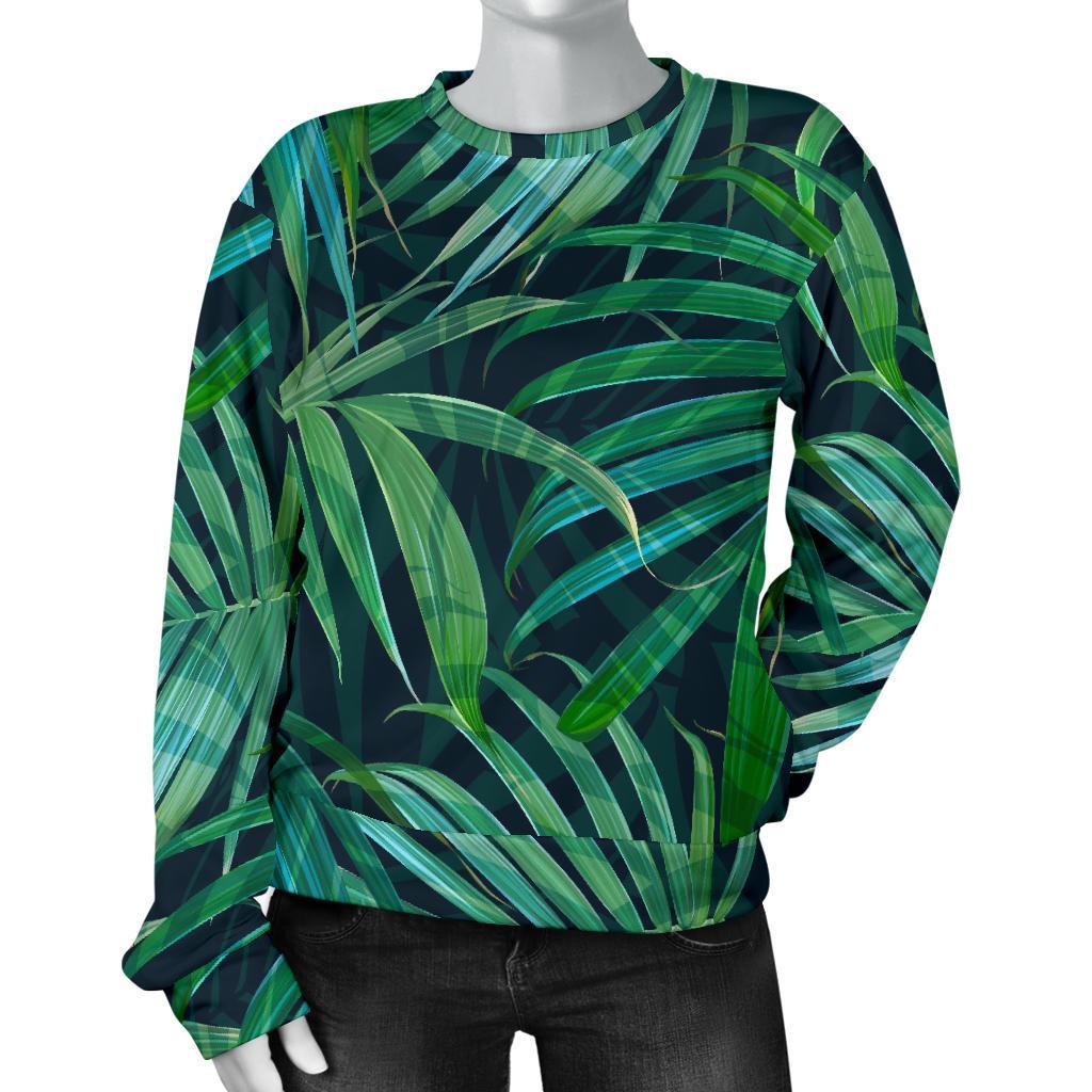 Dark Tropical Palm Leaves Pattern Print Women's Crewneck Sweatshirt GearFrost