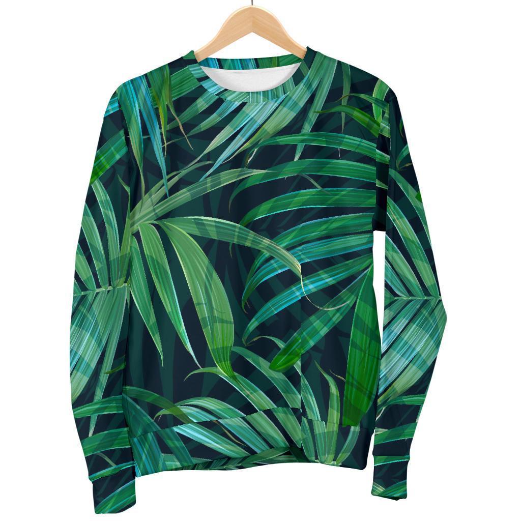 Dark Tropical Palm Leaves Pattern Print Women's Crewneck Sweatshirt GearFrost