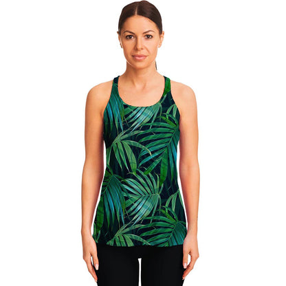 Dark Tropical Palm Leaves Pattern Print Women's Racerback Tank Top
