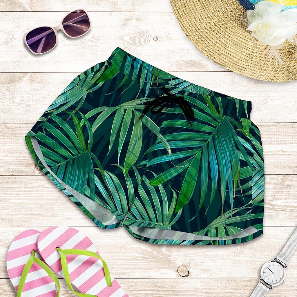 Dark Tropical Palm Leaves Pattern Print Women's Shorts