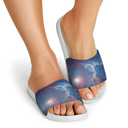 Dark Universe Galaxy Deep Space Print White Slide Sandals