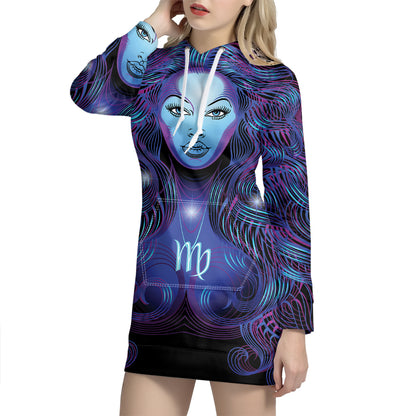 Dark Virgo Zodiac Sign Print Pullover Hoodie Dress