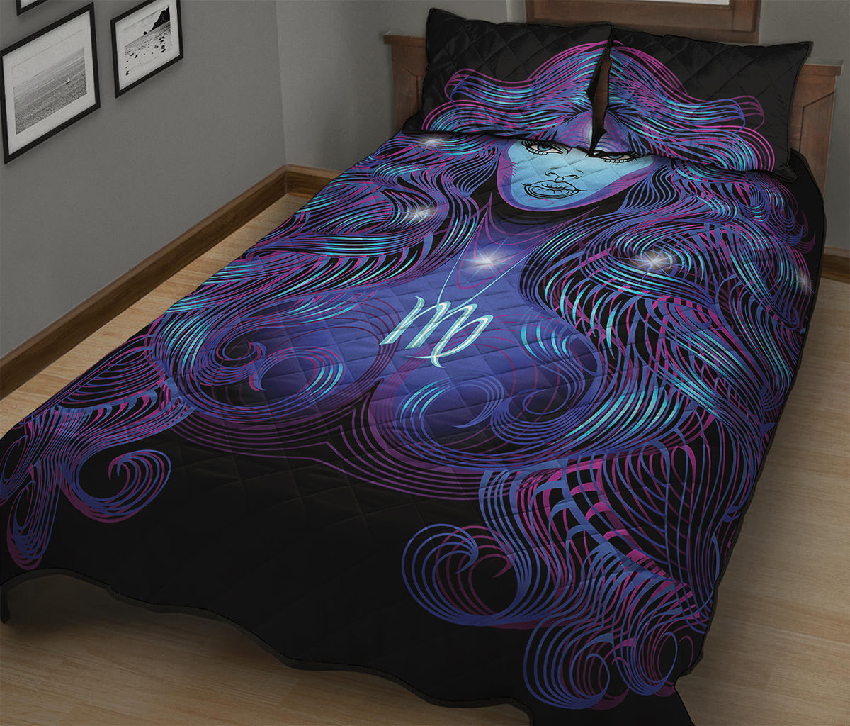 Dark Virgo Zodiac Sign Print Quilt Bed Set
