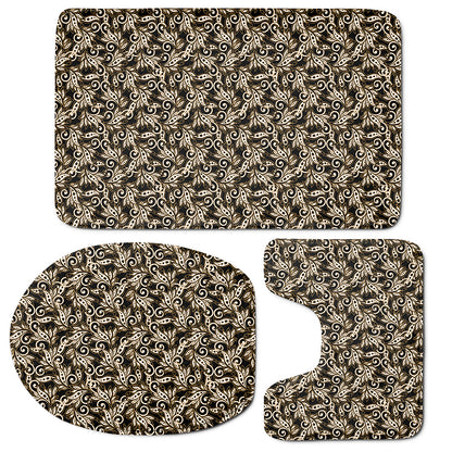 Dark Western Floral Pattern Print 3 Piece Bath Mat Set