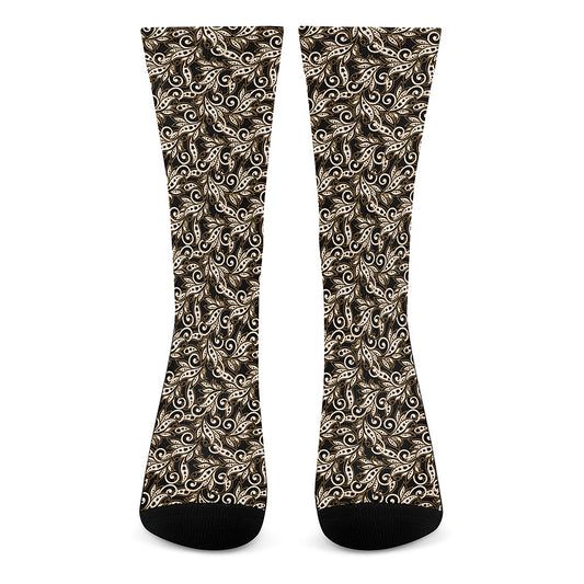 Dark Western Floral Pattern Print Crew Socks