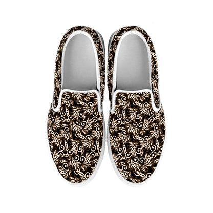 Dark Western Floral Pattern Print White Slip On Shoes