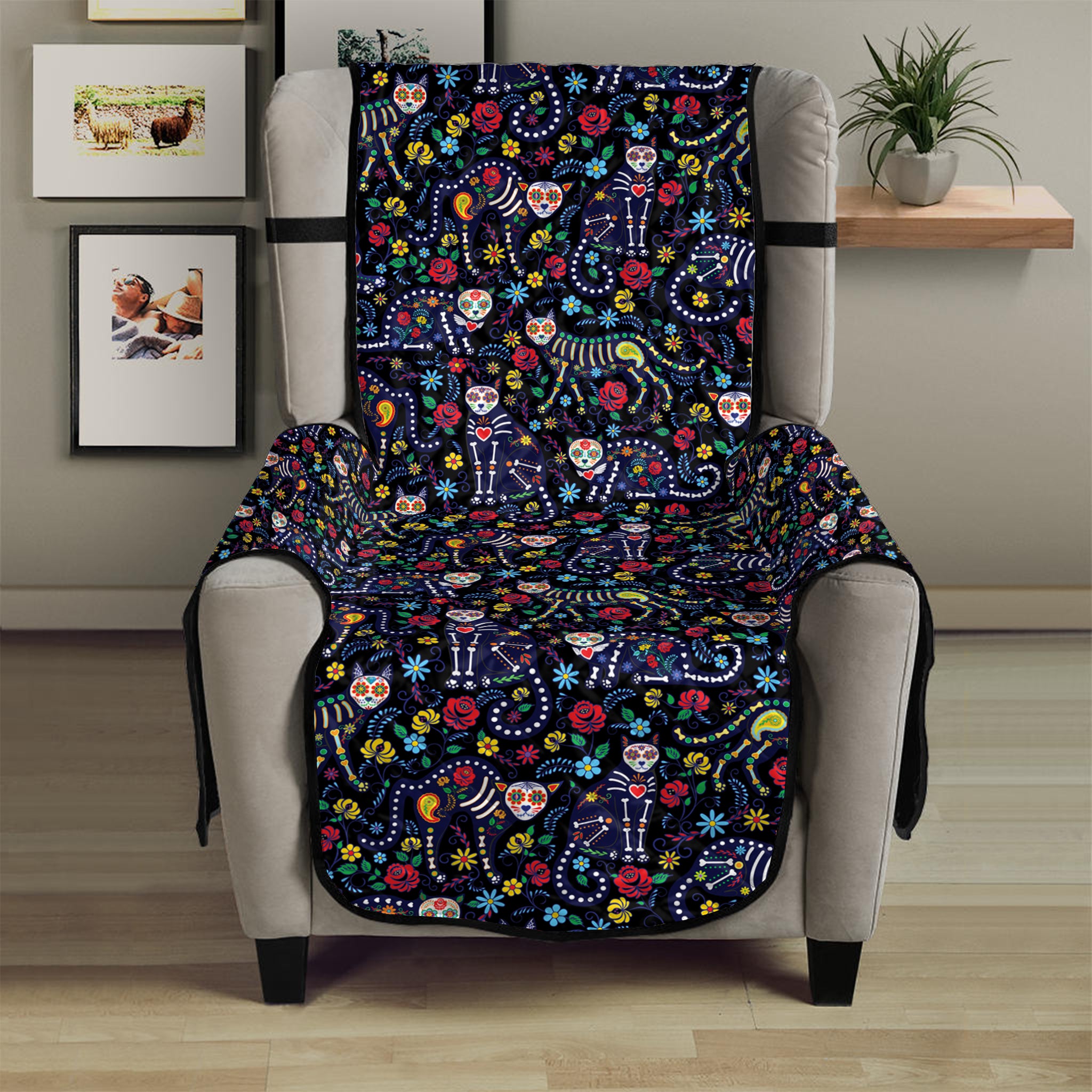 Day Of The Dead Calavera Cat Print Armchair Protector