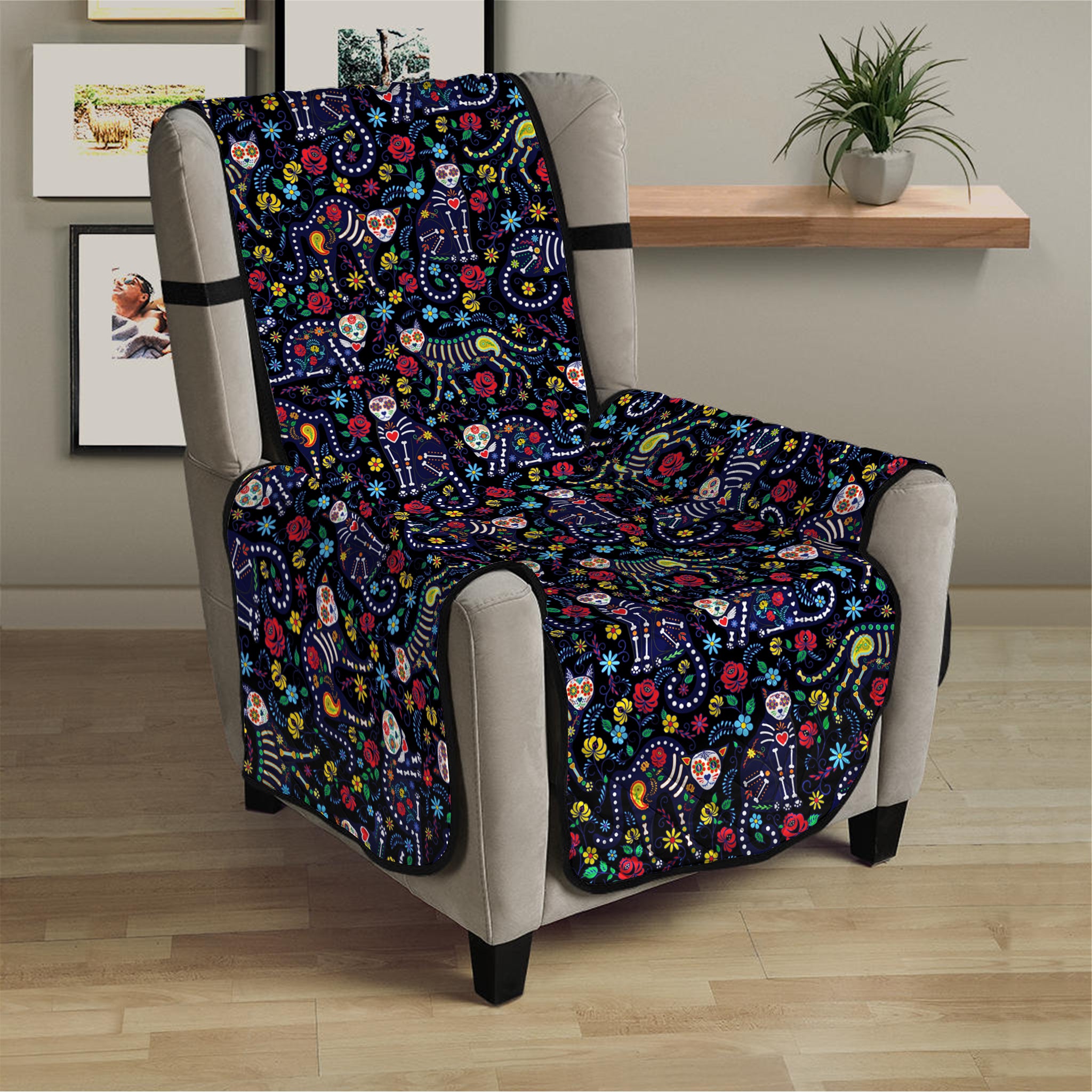 Day Of The Dead Calavera Cat Print Armchair Protector