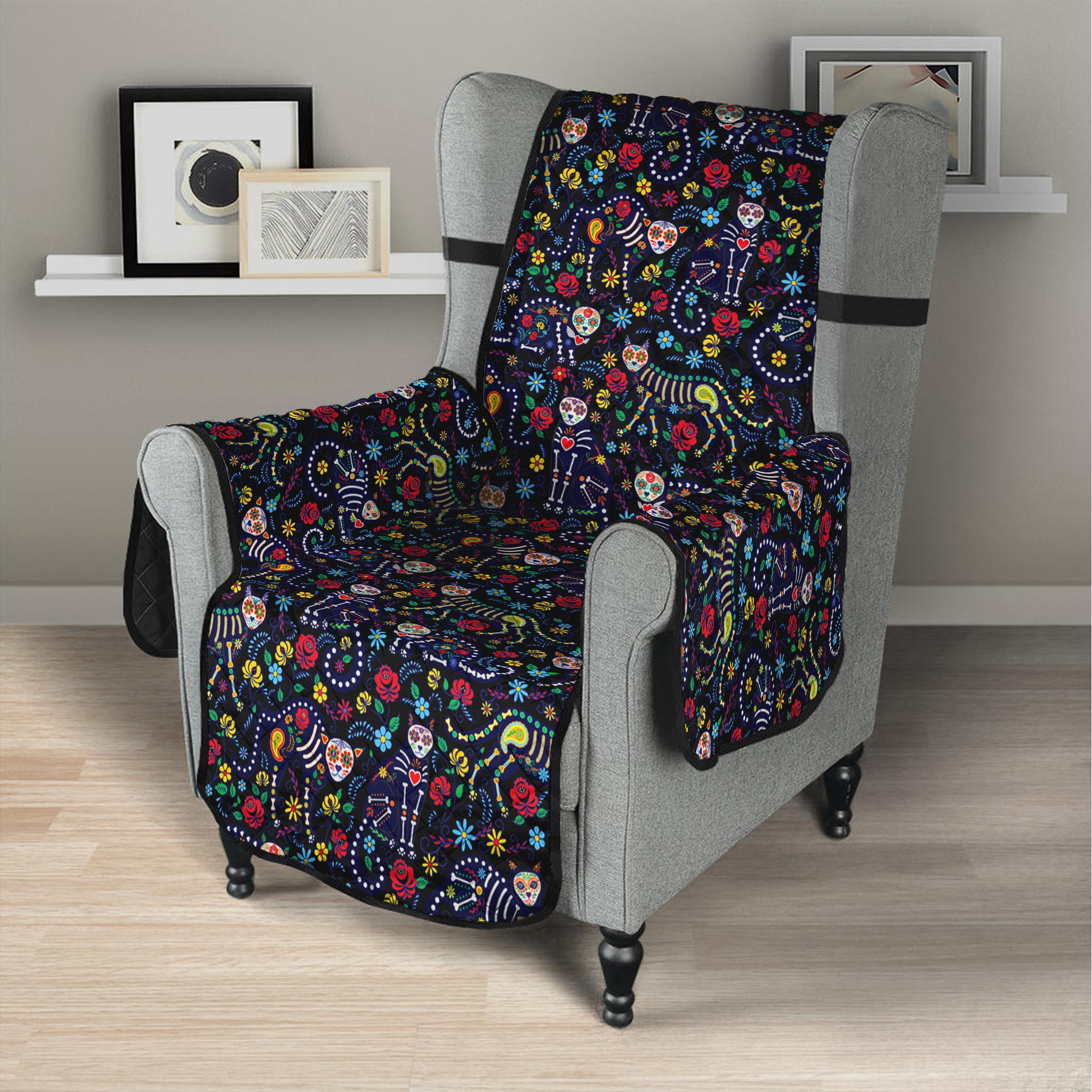 Day Of The Dead Calavera Cat Print Armchair Protector