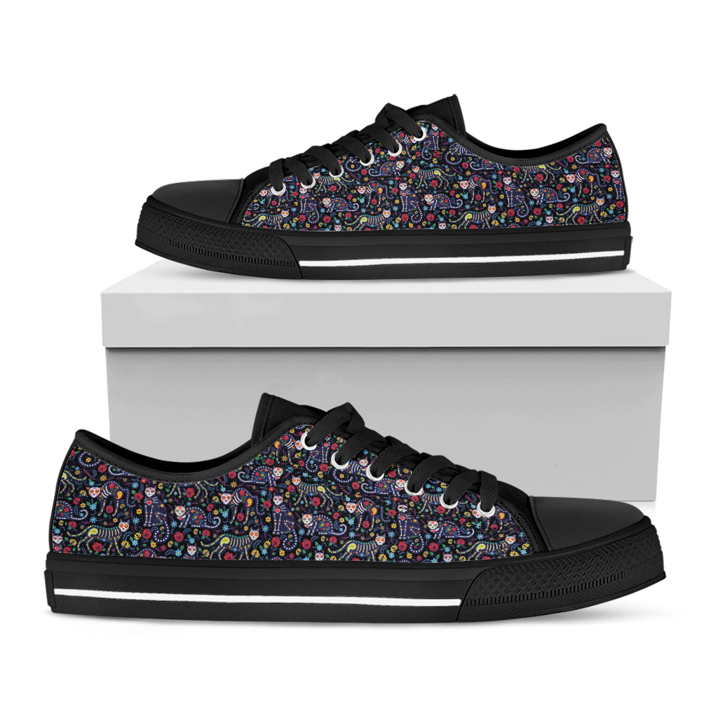 Day Of The Dead Calavera Cat Print Black Low Top Shoes